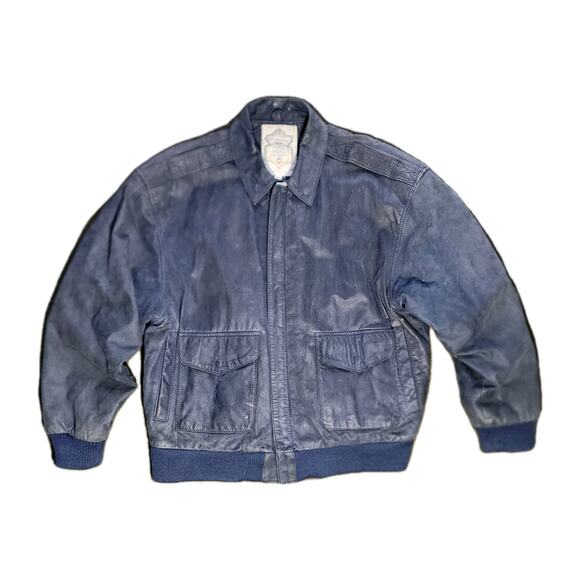 Vintage Blue Leather Bomber Jacket Size Large Men's Made in Korea Paris Sport - Picture 1 of 10